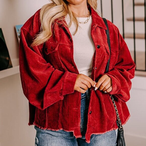 POL Long Sleeve Corduroy Button Down Fringe Shacket Rust  New - Picture 5 of 12